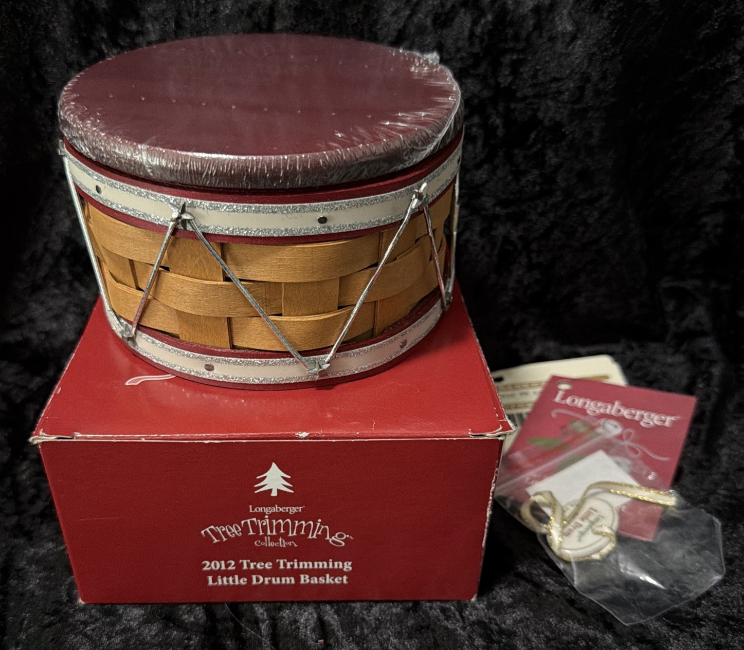 Longaberger 2012 Little Drum Basket 5” w/ Box, Unopened Lid,Tags, Tie-On, Red