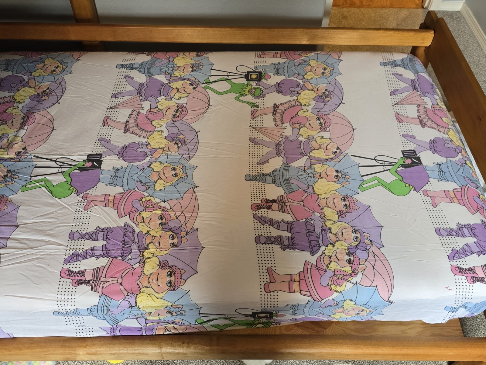 Vintage Miss Piggy Kermit Twin Fitted Sheet 80s Jim Henson Nostalgic Upcycle