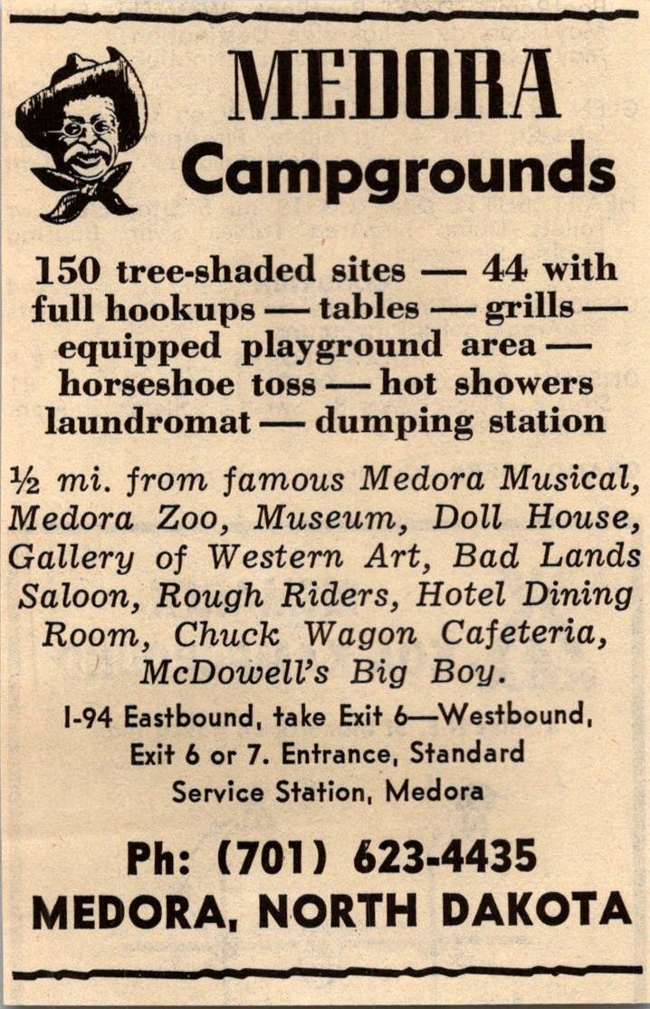 Medora Campgrounds Tree-Shaded Sites Horseshoe Toss Medora ND 1974 Ad TAk6-S133