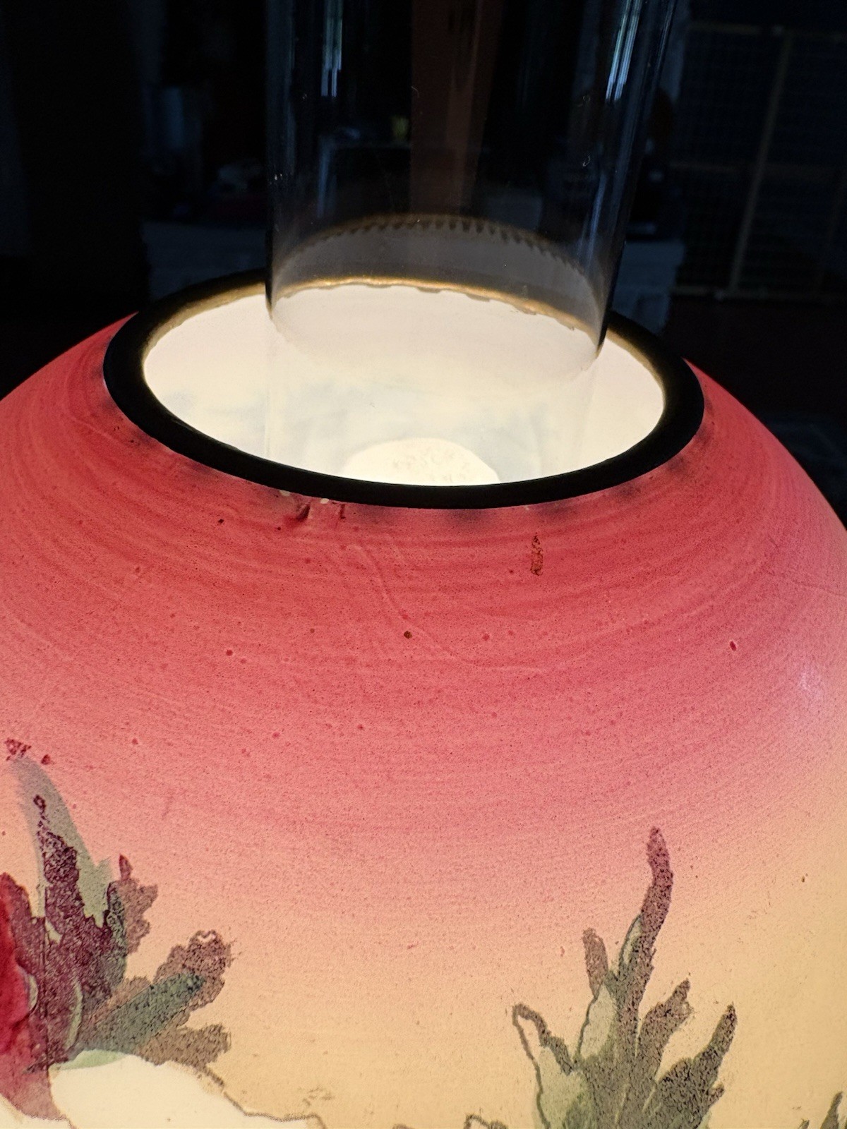 Antique Parlor Lamp Hand Painted Pale Pink Yellow & Burgundy-Oil To Electric!