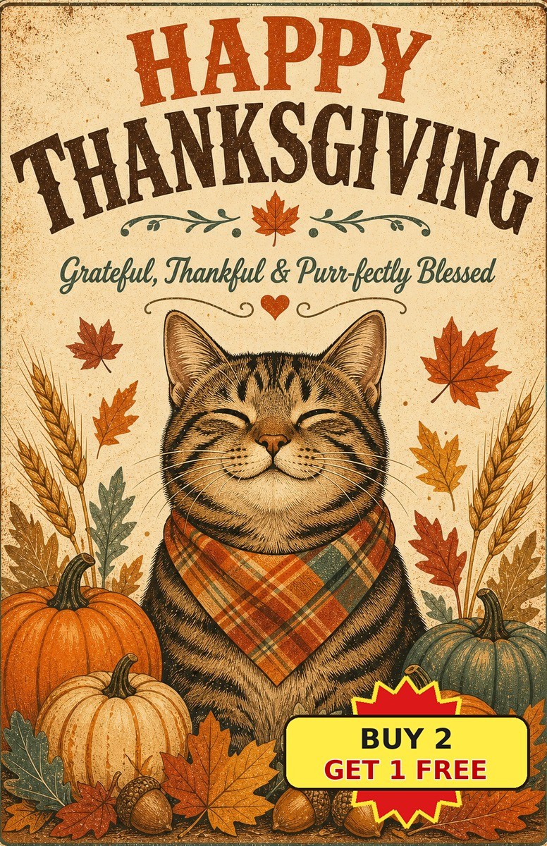 Happy Thanksgiving Cat Pumpkin Fall Harvest Festive Metal Sign