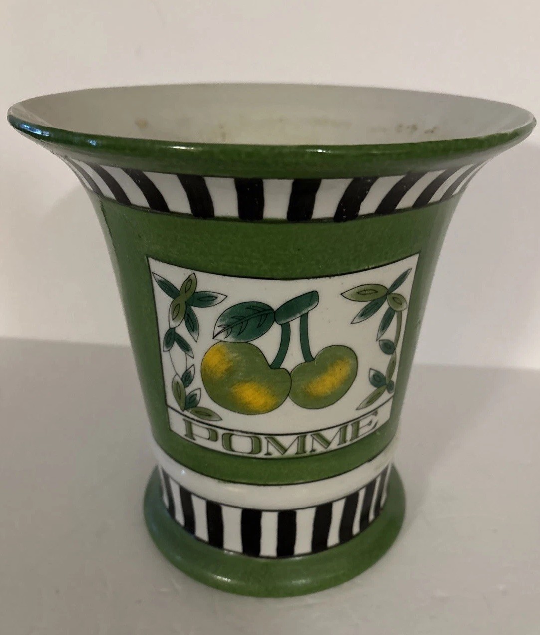 Vtg Ceramic Planter POMME French For Apple 8×8.25” Striped Black White Green