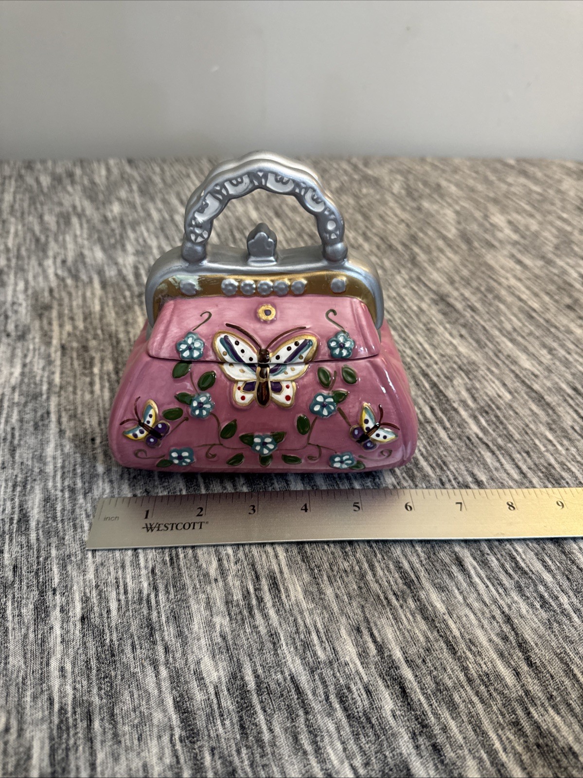 DAVID’S COOKIES PINK CERAMIC BUTTERFLY & FLOWER DECORATIVE PURSE COOKIE JAR