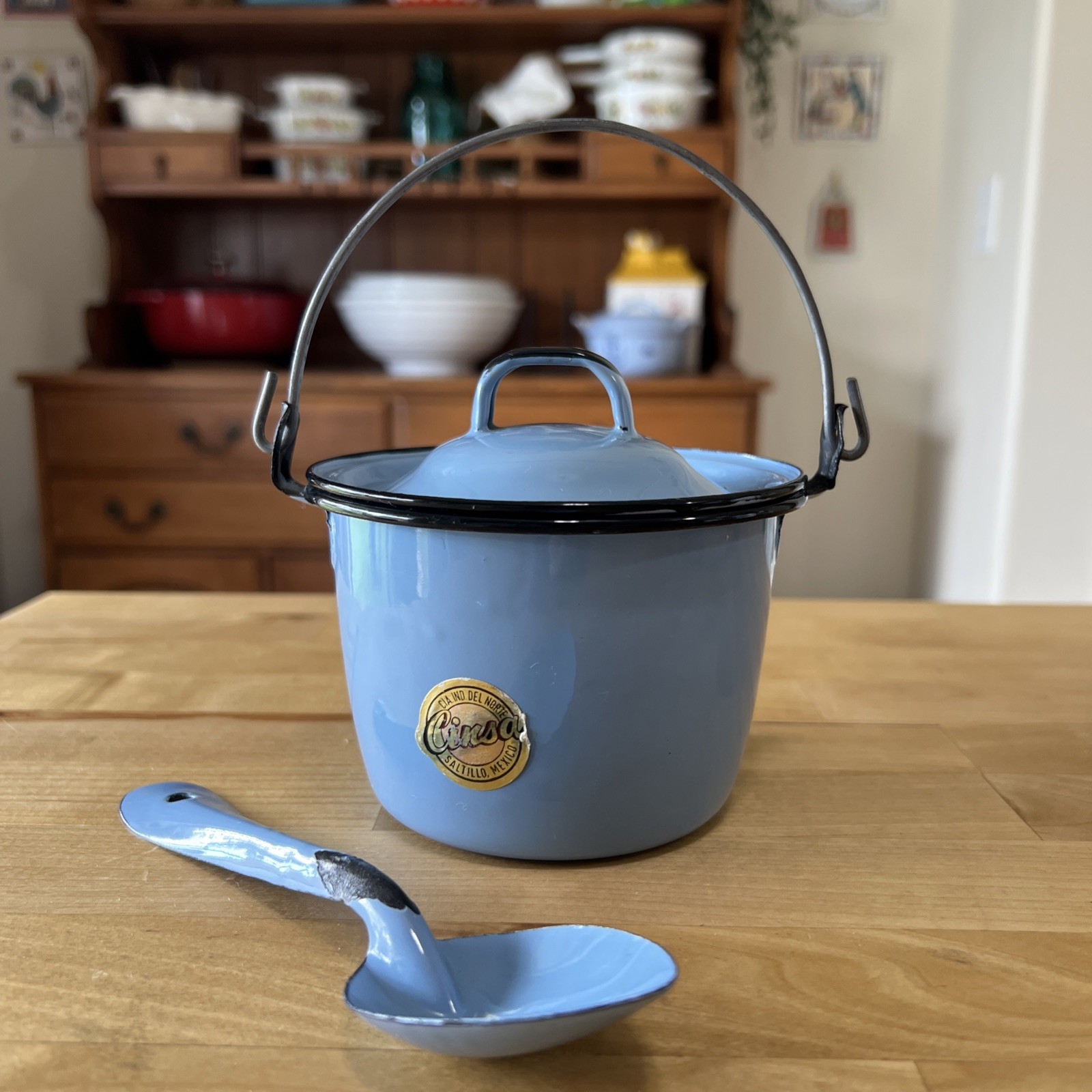 Vintage Cinsa Robins Egg Blue Enamelware Pot with Lid Spoon Berry Basket 4 1/2”