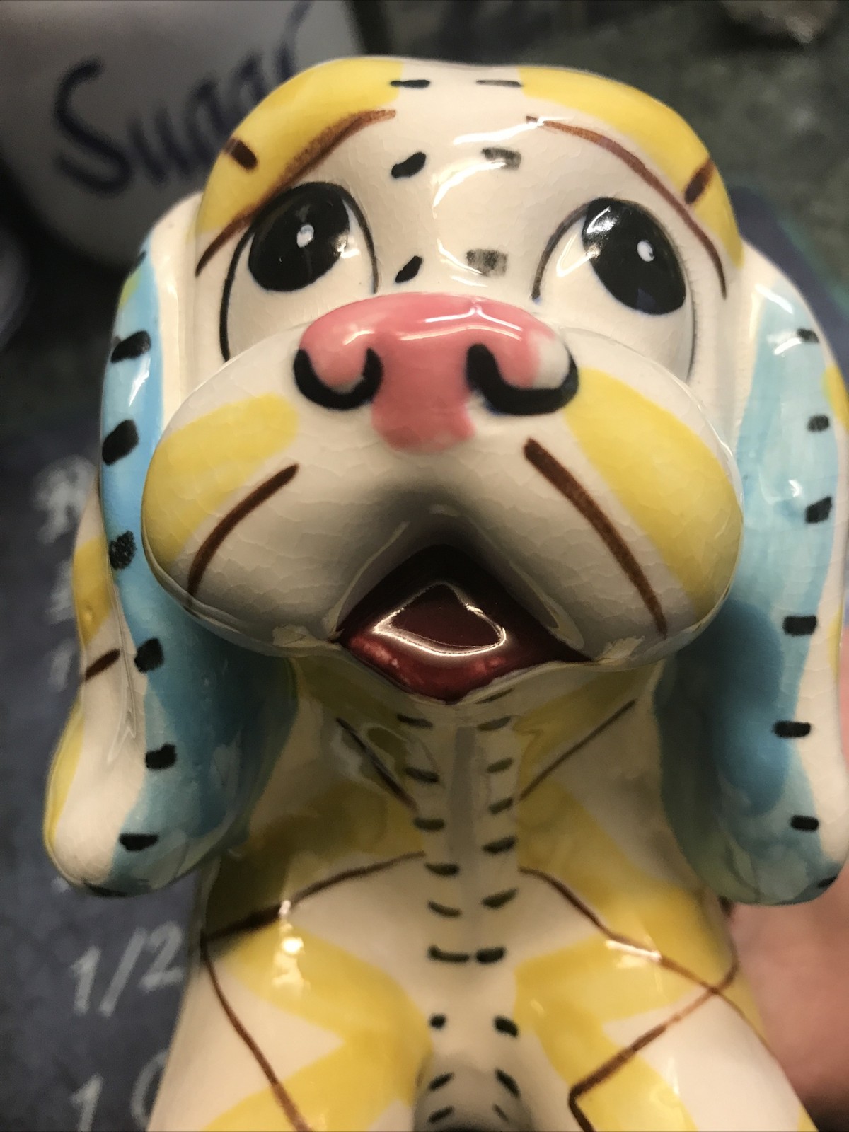 Vintage Japan White Yellow Brown Blue Multicolor Plaid Puppy Dog Planter