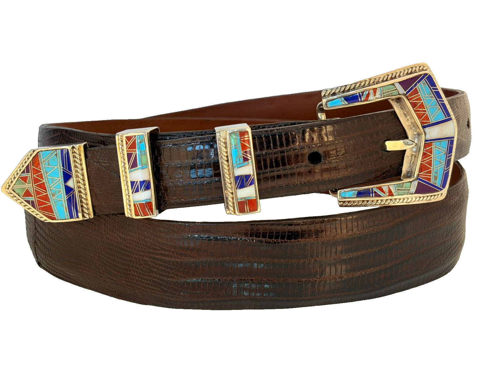 Sterling Silver Ranger Turquoise Lapis Coral Stones Belt Buckle 34-36