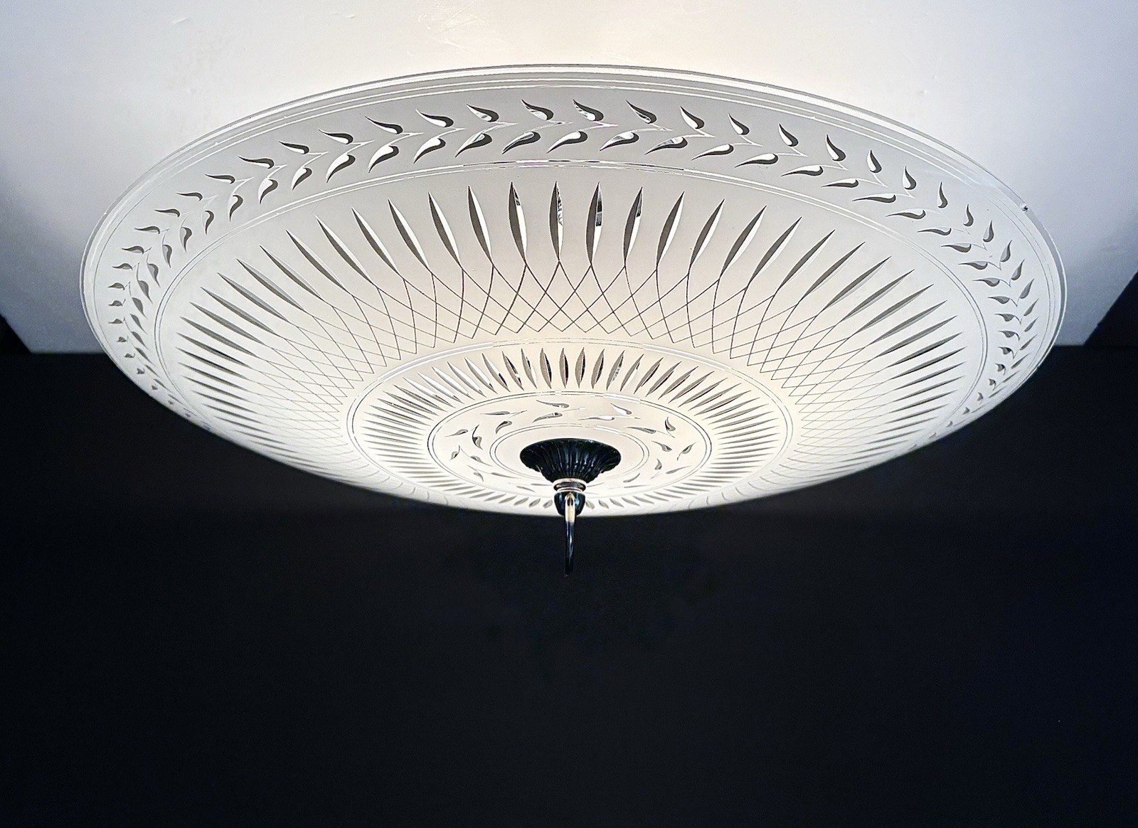 Vintage Large 19” Diameter Art Deco Gatsby White Chrome Ceiling Light Fixture