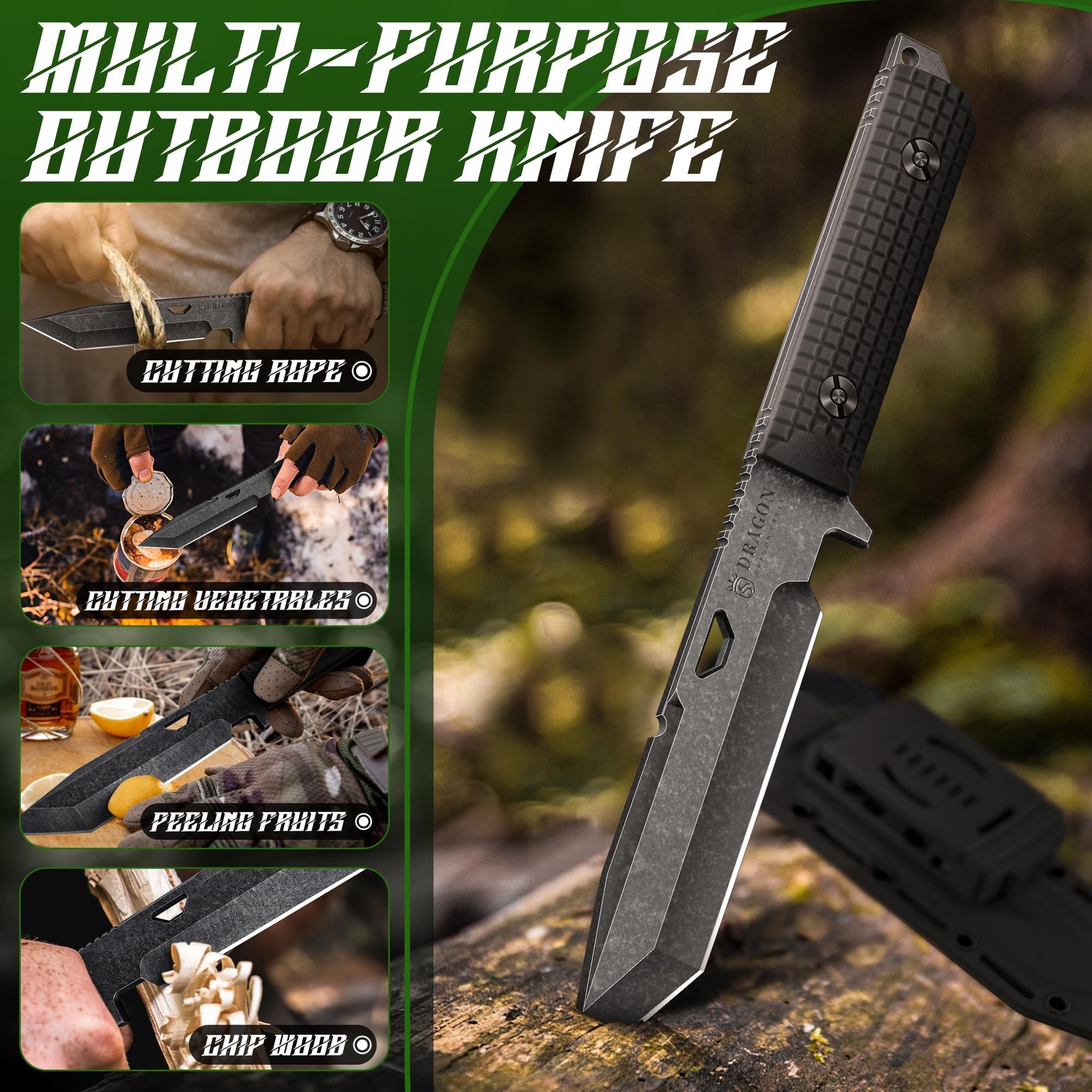 Tactical Knife Kydex – Outdoor Survival Knife with Sheath D2 Steel Blade G10 …