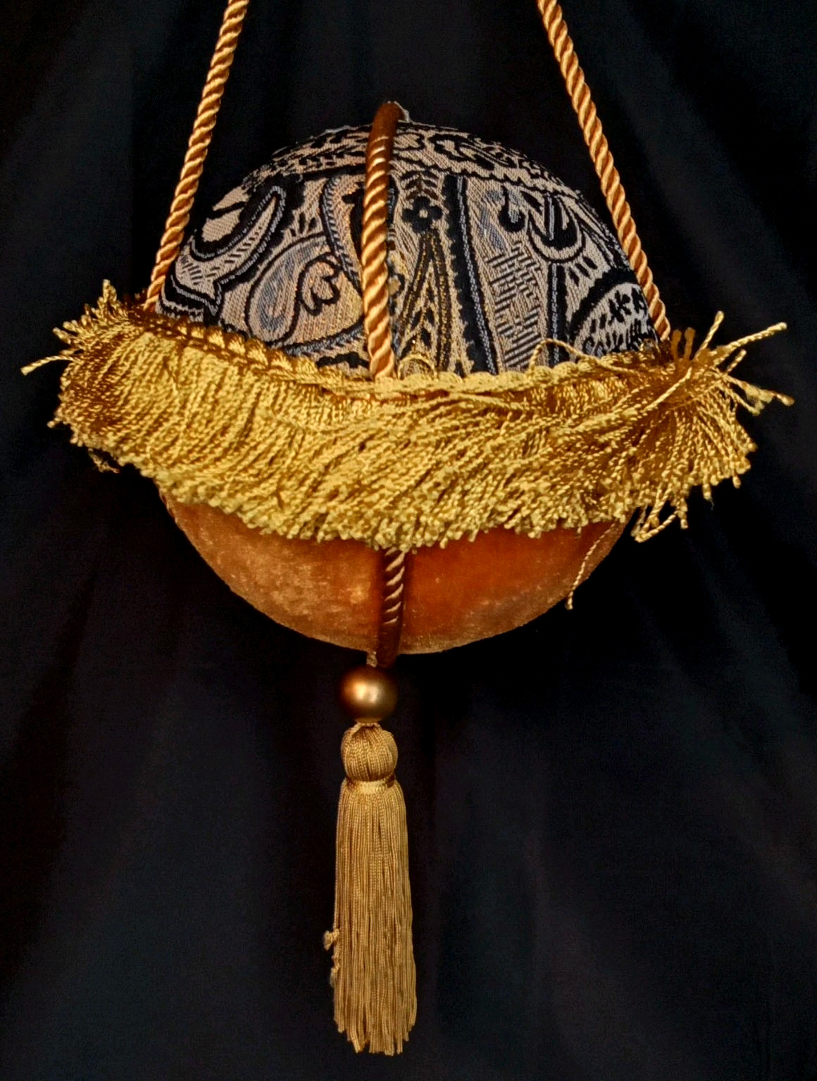 Vintage 1960s Velvet Fabric Gold Tassel Jumbo Christmas Ornament