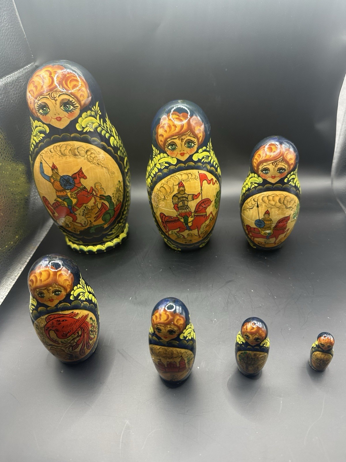 VTG Matryoshka Russian Nesting Dolls Fairytale 7 Piece Paint Storytelling Signed