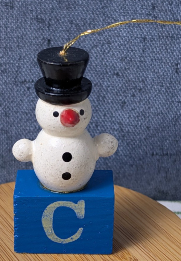 Vintage Wooden Snowman Christmas Ornament Figurine Blue ABC Block Letter C 3″