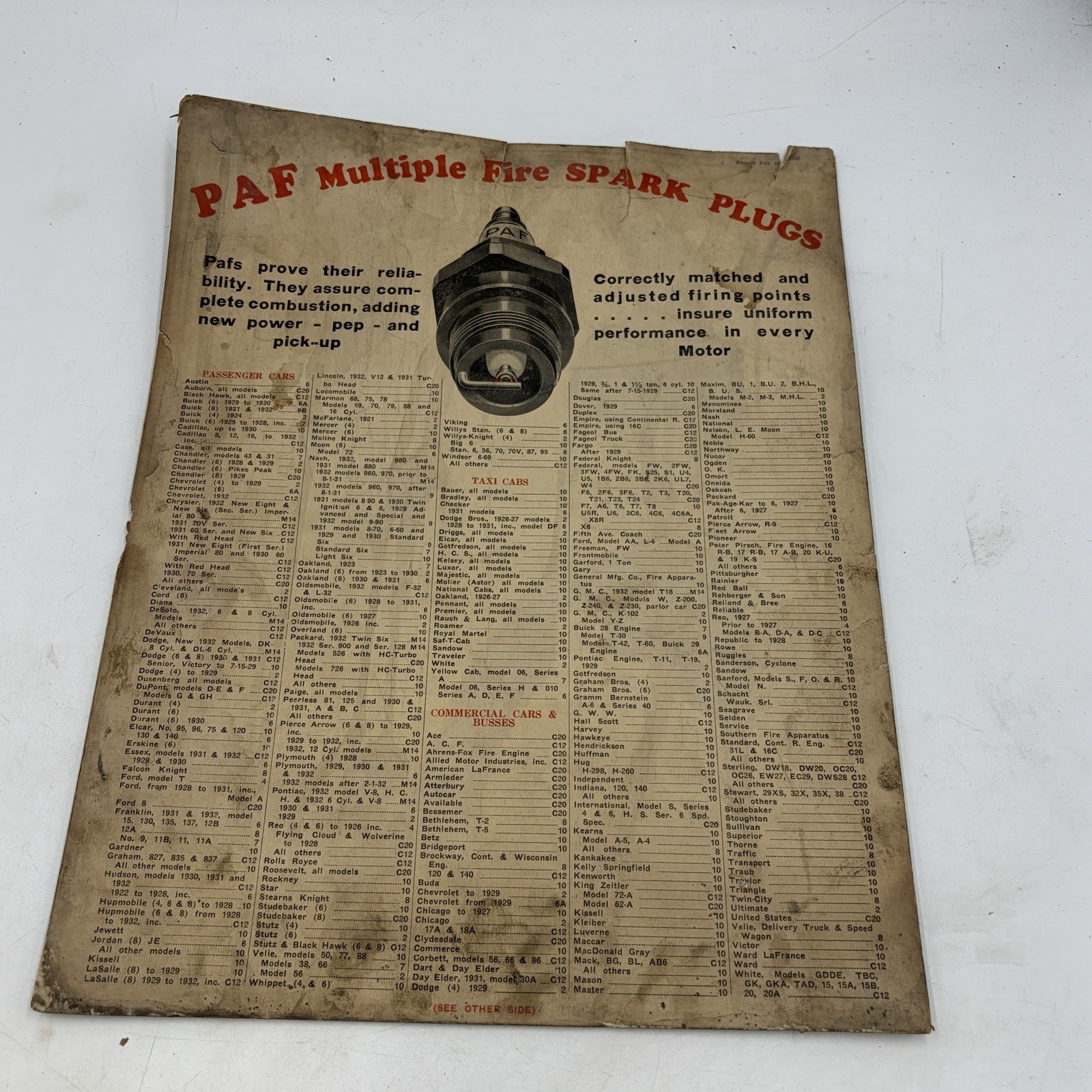 Vintage 1932 PAF Spark Plug Application Chart Auto Truck Tractor