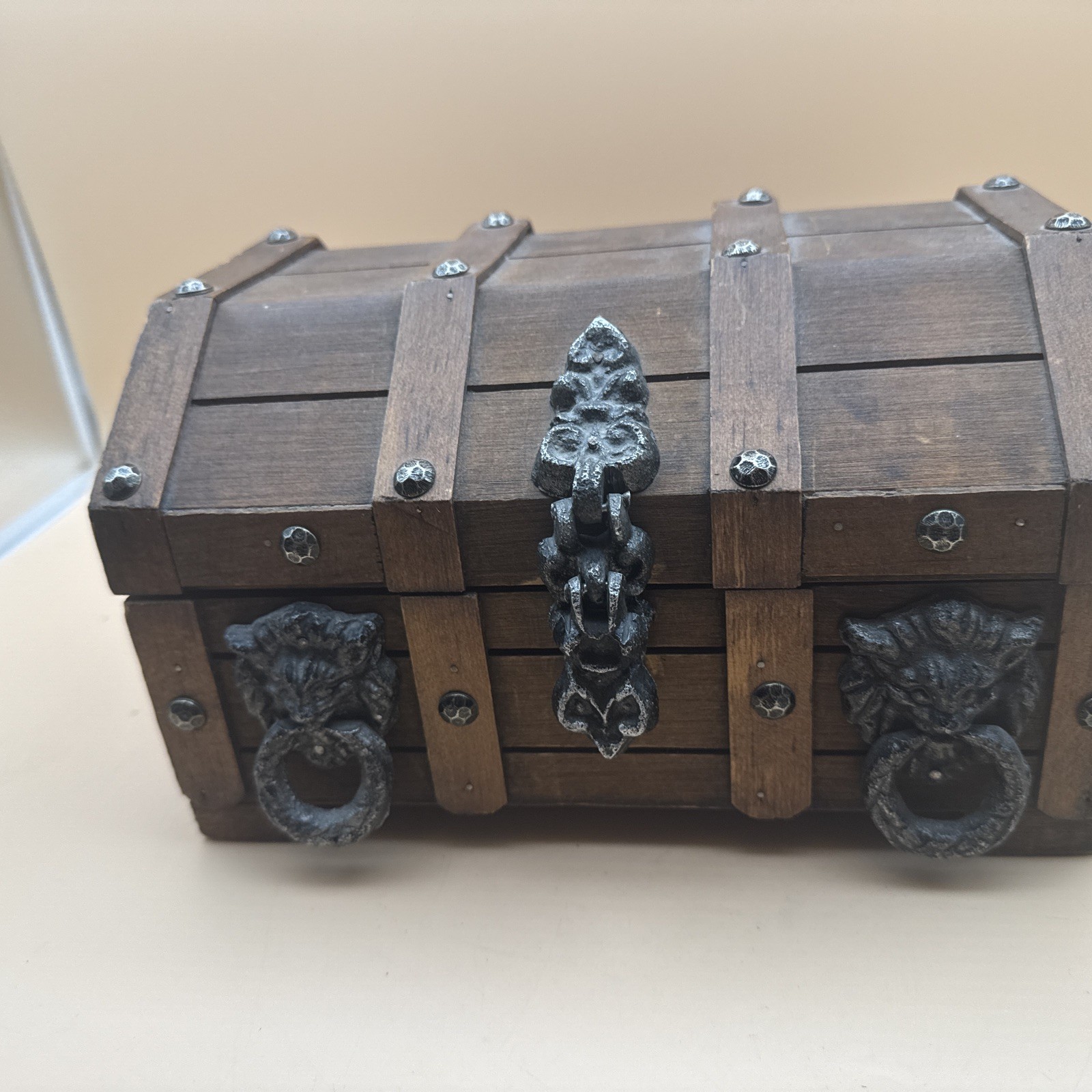 Vintage Wood Pirate Treasure Chest Gothic Lion Heads Humpback Jewelry Box