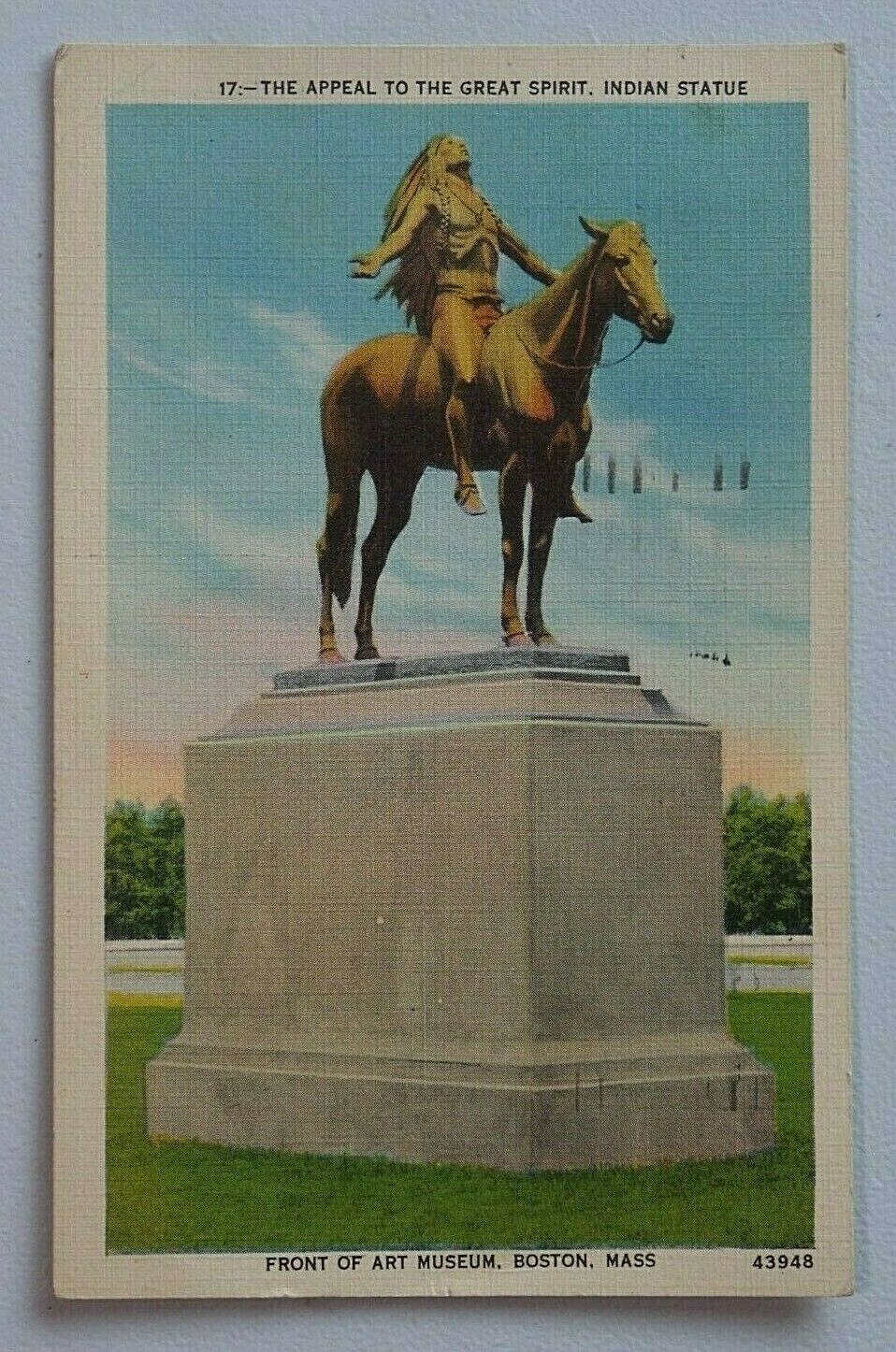The Appeal to the Great Spirit Indian Statue, Boston MA 1940 Linen Postcard 6876