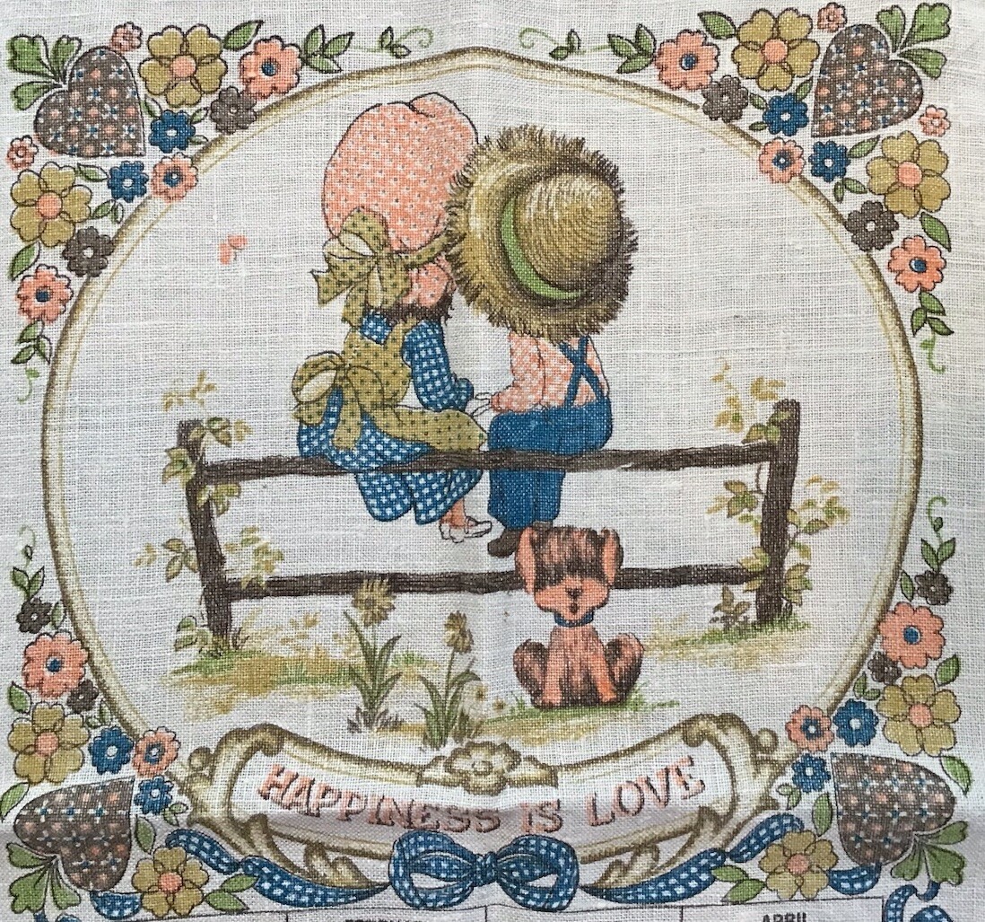 Vintage 1983 Kitchen Linen Calendar Towel Happiness Is Love Sweethearts Puppy