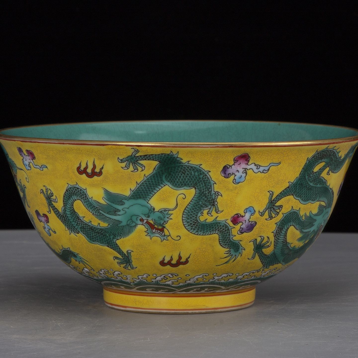 6.5″ China Yellow‑Ground Famille Rose Porcelain Animal Dragon Pattern Bowl