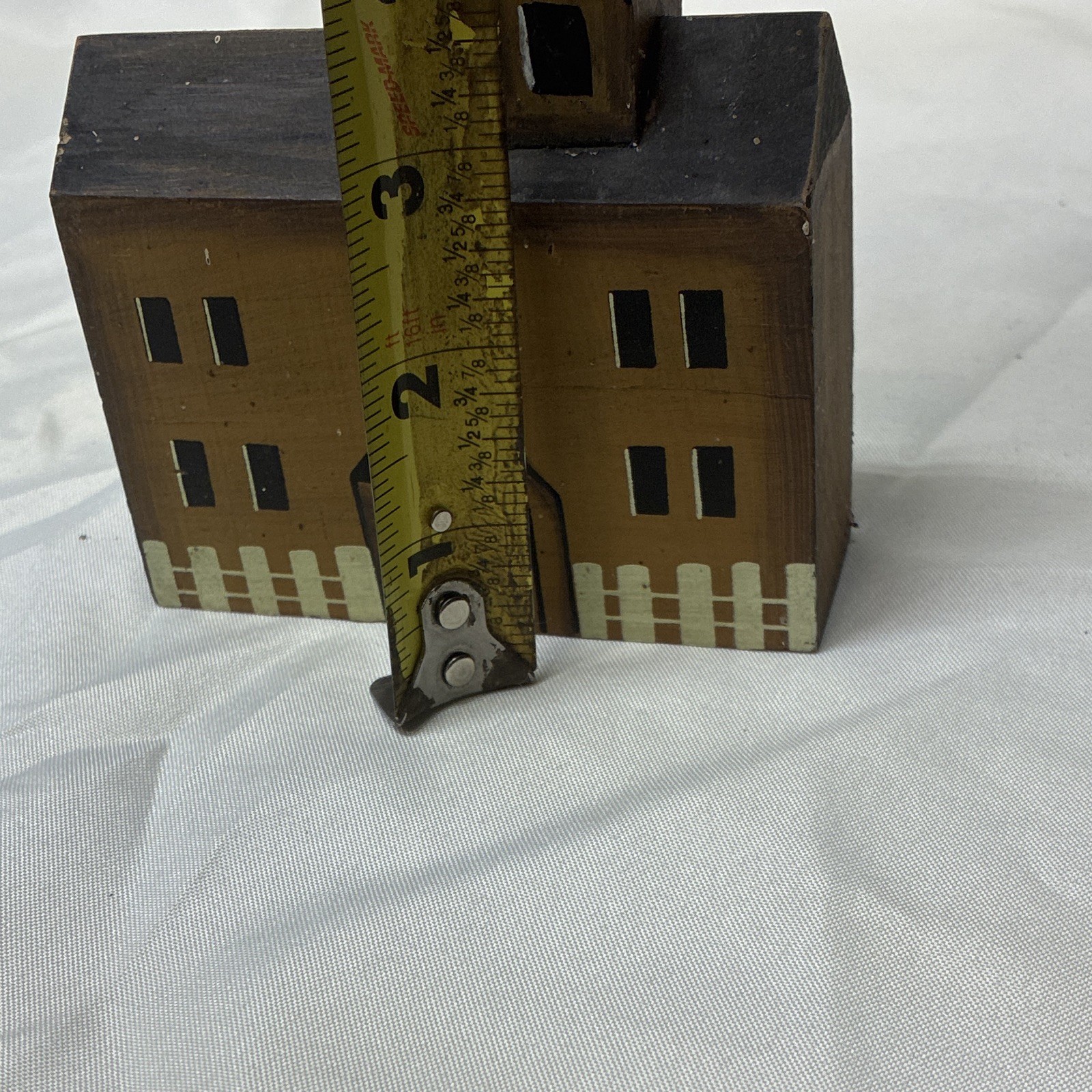 Painted Wood Village House Building Figurine Brown/Black/Beige 5×4.5 in