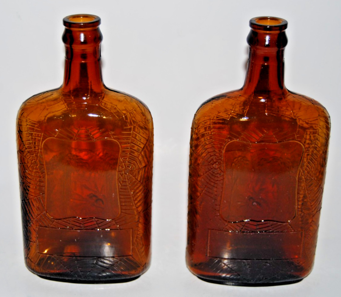 Antique Amber Glass Whiskey Flask Pair – Spiderweb Design – Prohibition Era