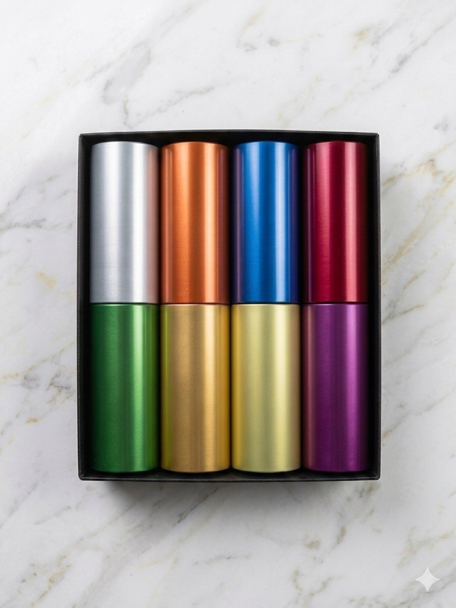 Vtg Perma Hues Spun Aluminum MCM Rainbow Tumblers Set of 8 – with Original Box
