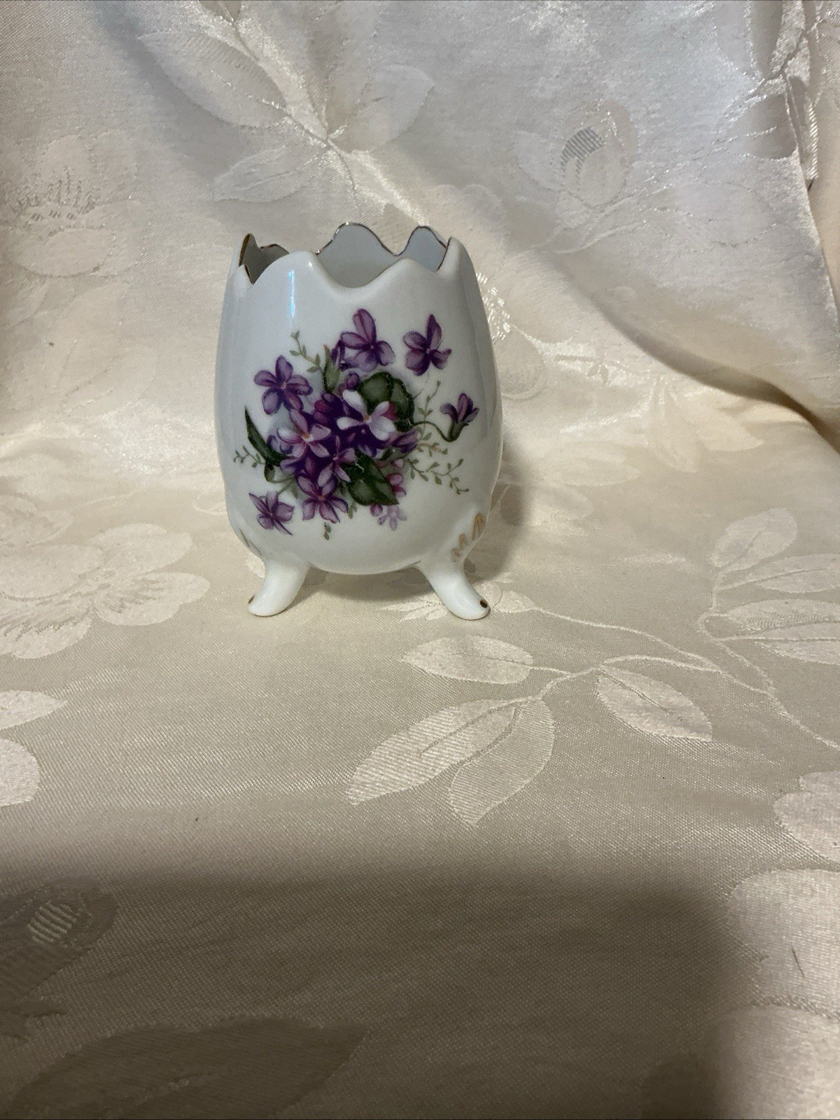 Porcelain Footed Cracked Egg Vase Hand Painted Floral Violets