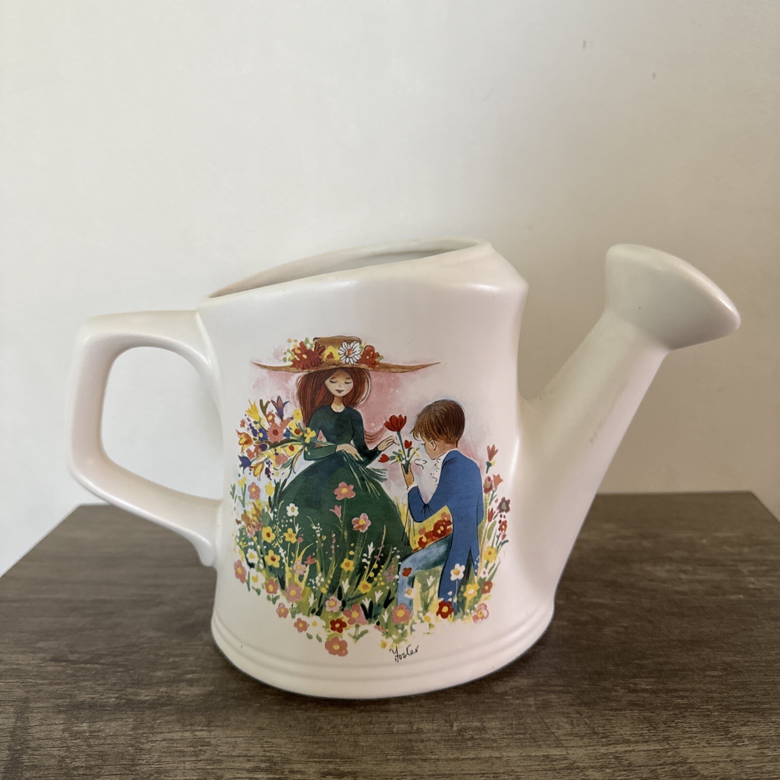 Porcelain Watering Can Couple Picking Flowers Planter 6 inches tall