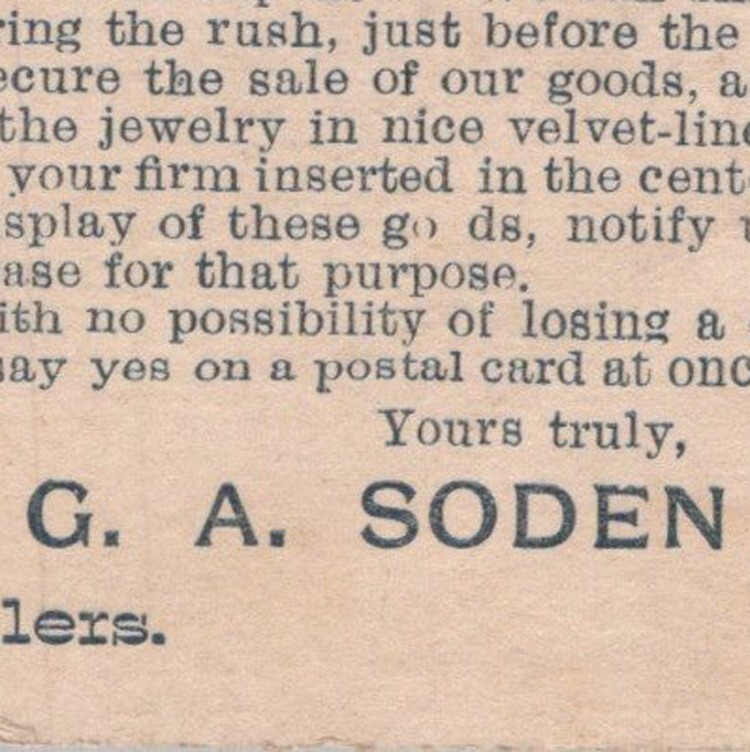 1888 G.A. Soden & Co Wholesale Jewelers 7678 Monroe Street Chicago Illinois
