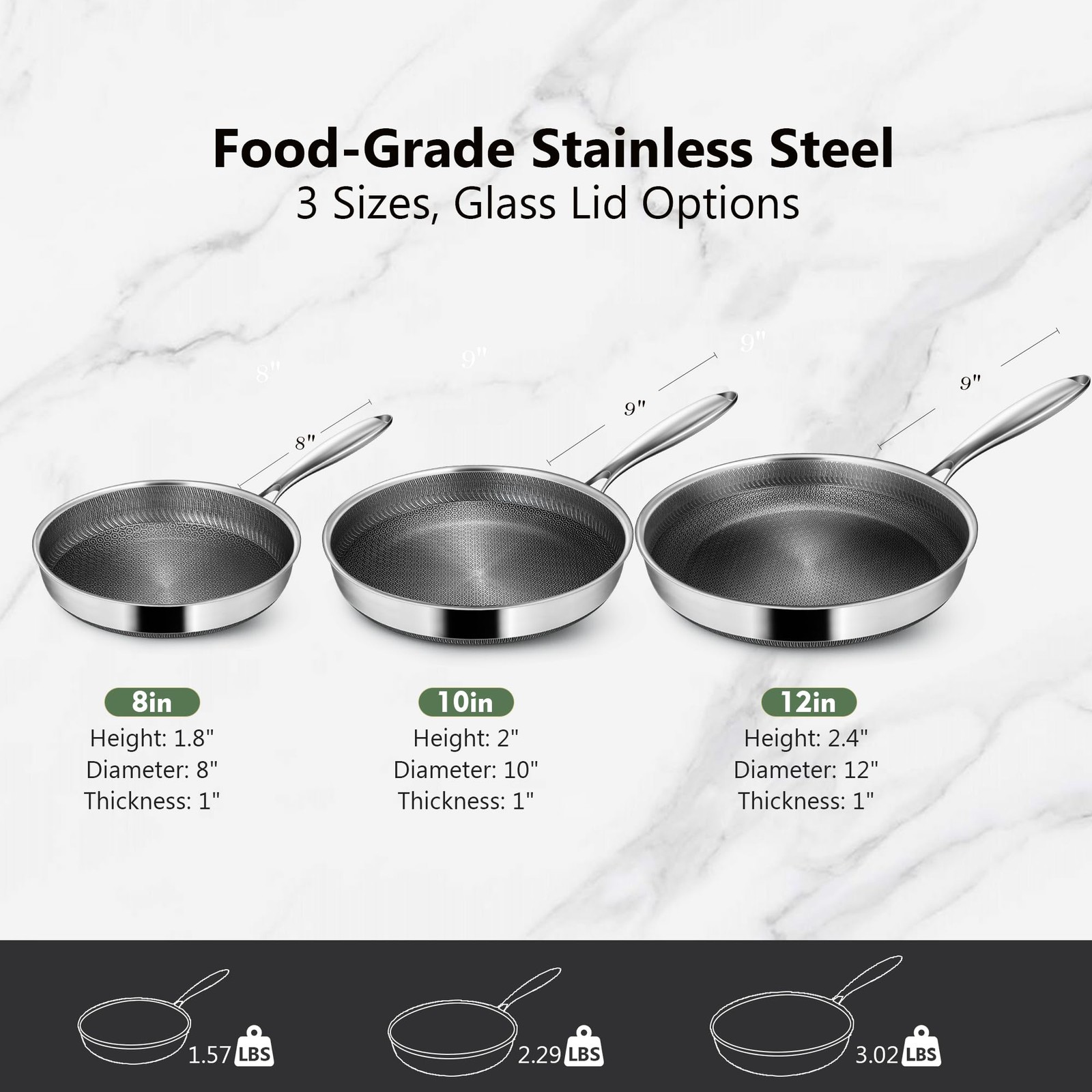 Frying Pans, 12-inch Hybrid Frying Pans Stainless Steel Skillets, Dishwasher