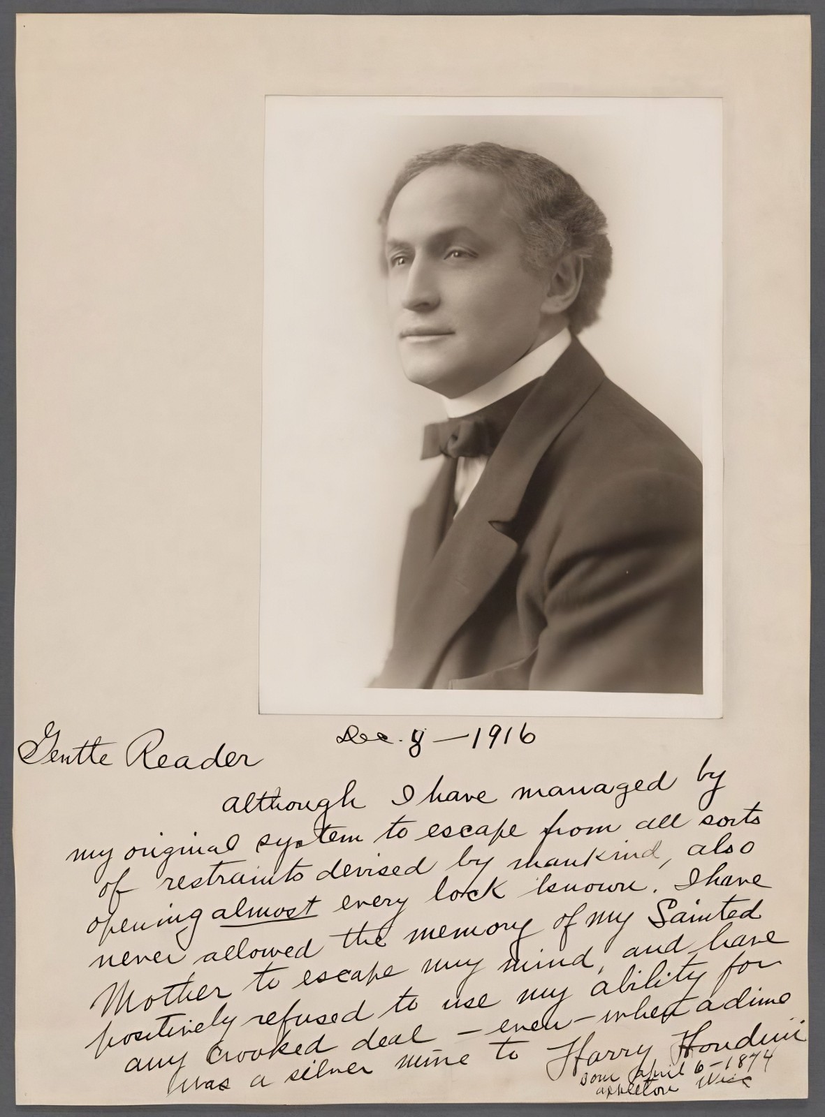 HARRY HOUDINI Image & 1916 Letter Explaining Himself – 5 x 7 in Reprint