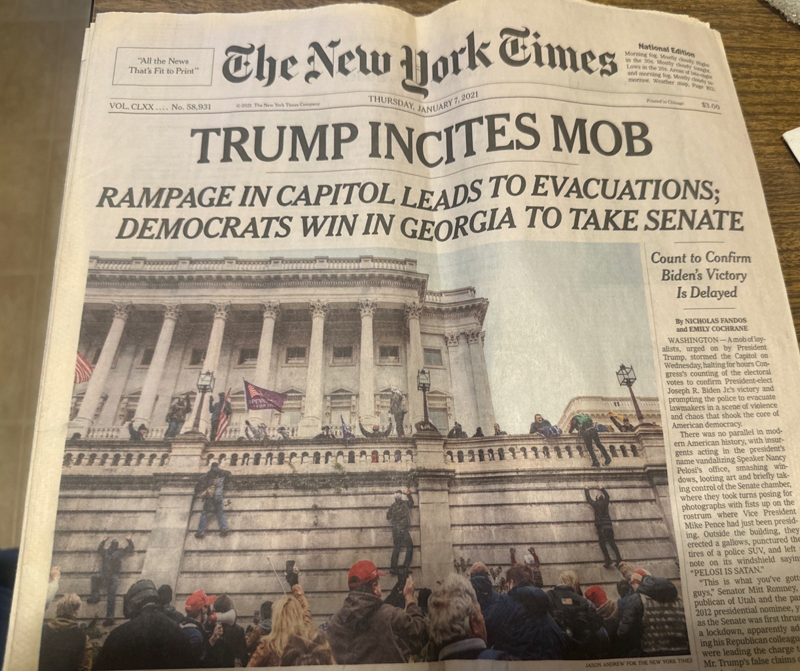 January 7 2021 New York Times – Trump Incites Mob, Rampage In Capitol