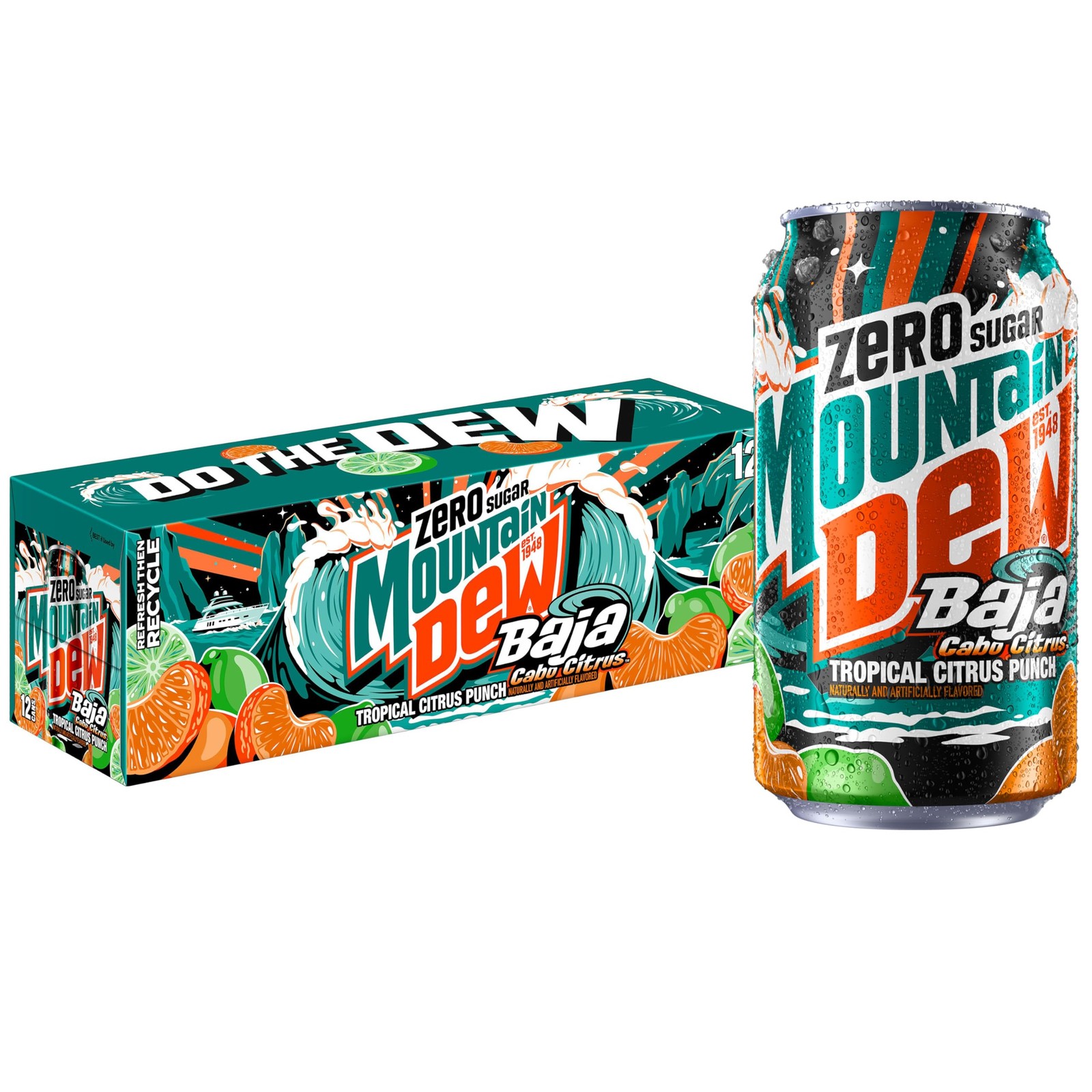 Mountain Dew, Baja Cabo Citrus Zero Sugar 12 Fl 12 Oz (Pack of 12), Green