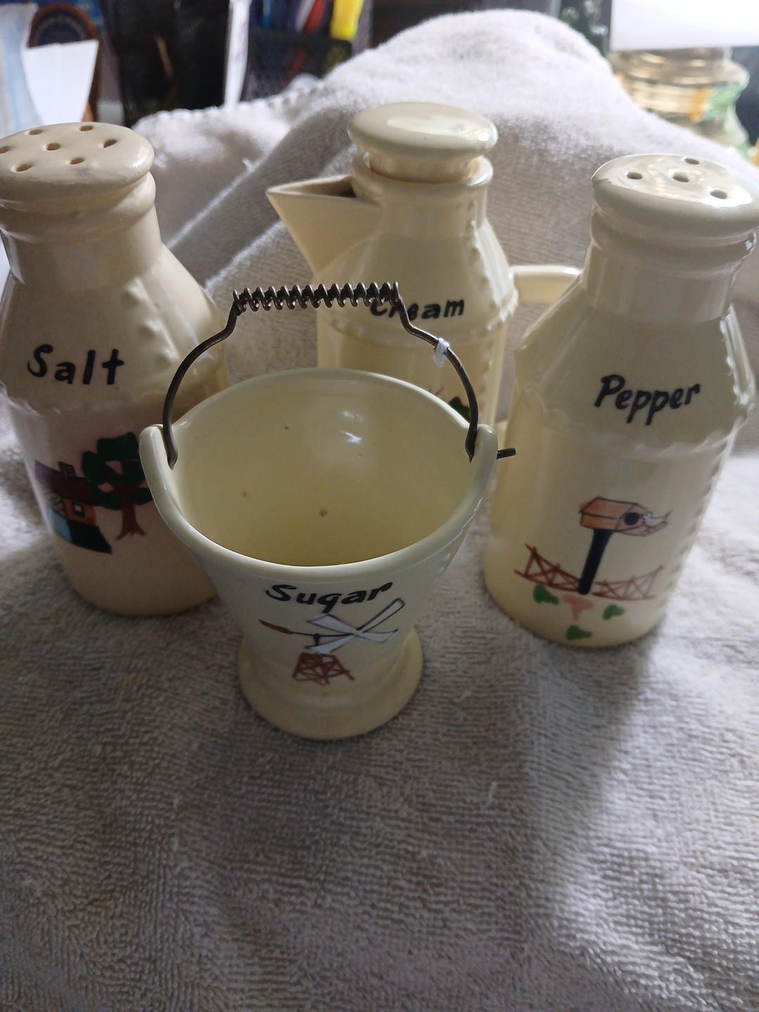 Ceramic Glossy Yellow Creamer Sugar Bowl Stand Salt Shakers Japan