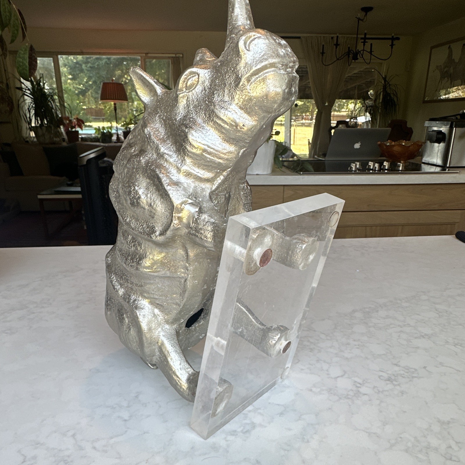 Silver Tone Rhinoceros Metal Figurine Sculpture on Clear Base