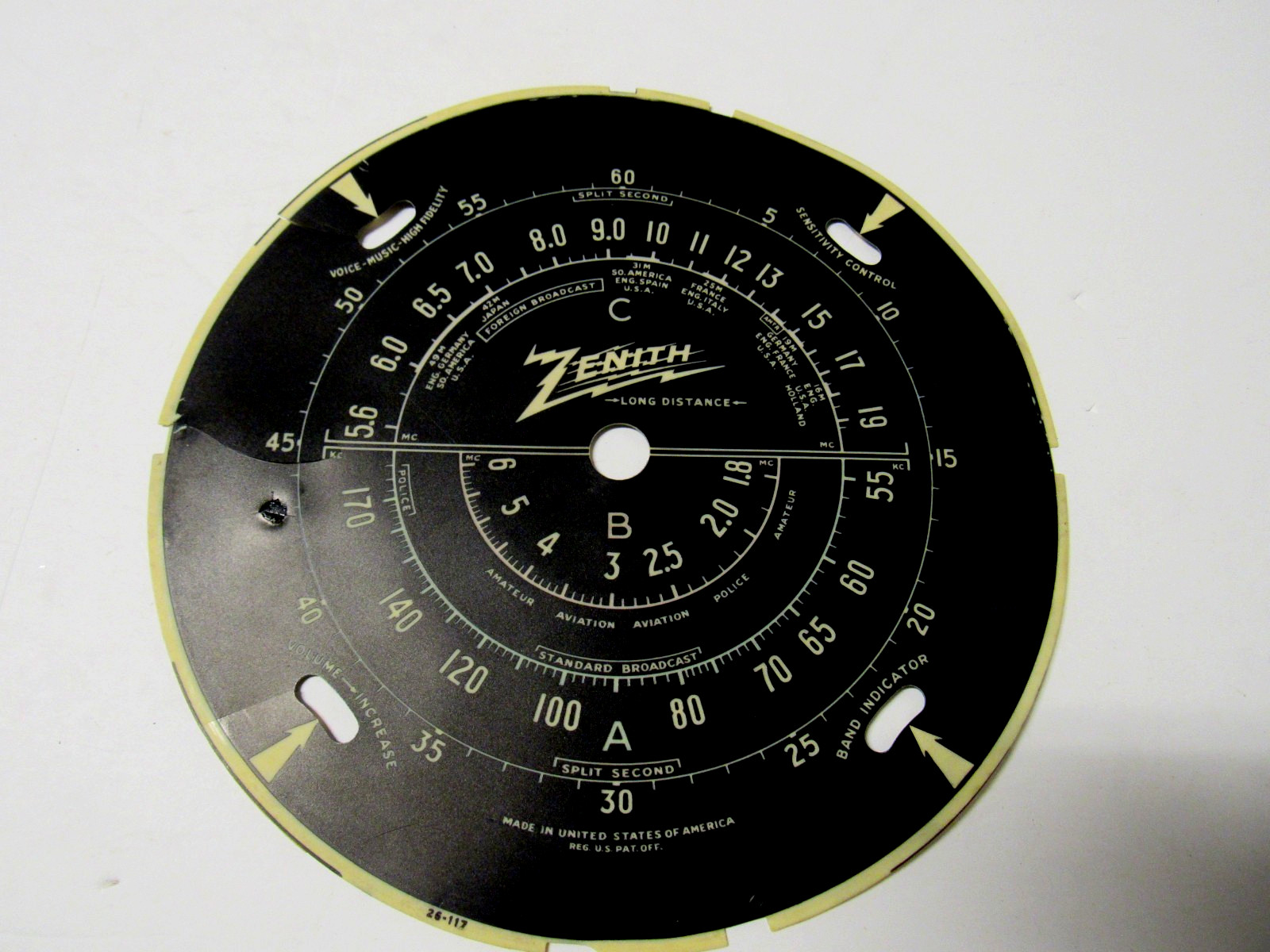 Zenith Black Dial Face c 1937 Radios P/N 26-117 Tombstone or Console Radios