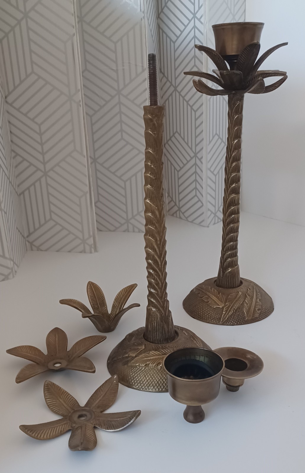 Vtg India Brass Palm Tree Candle Holders Candlesticks 13″ Pr Palm Beach Regency