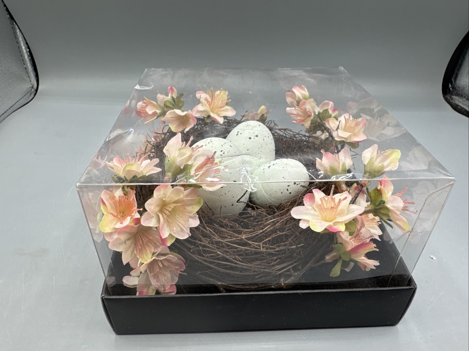 Birds Nest w/Three Speckled Eggs and Silk Flowers Decor 5” Nest (In Gift Box)