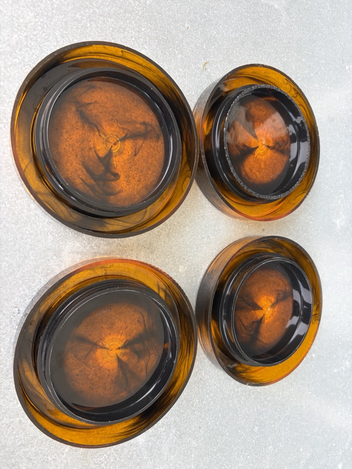 Vintage MCM Plastic Cork Coaster Set Faux Tortoise Shell Swirl Set 4 Stackable