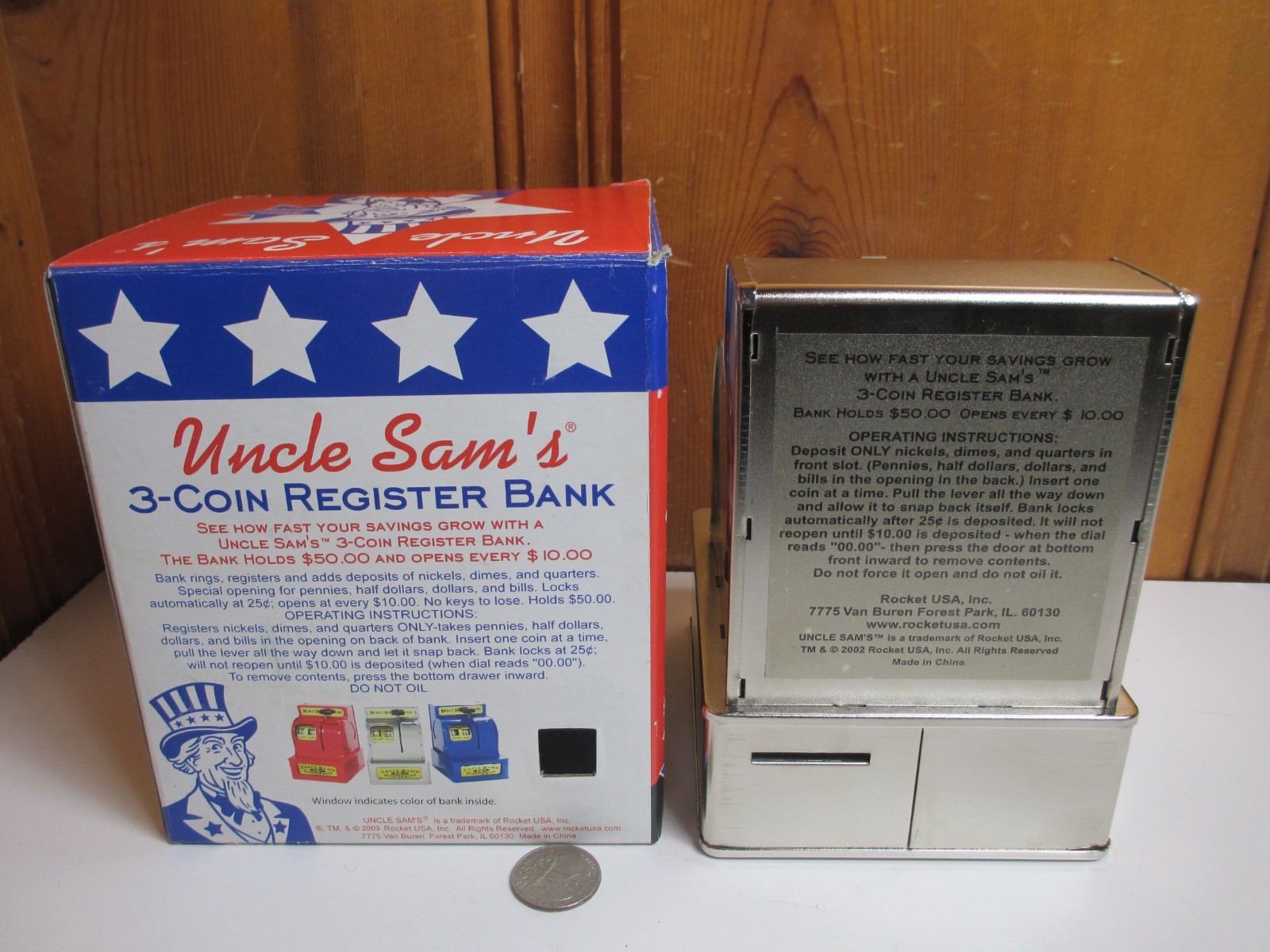 Uncle Sam’s 3 Coin Register Bank Silver Palm Restaurant Nickel Dime Quarter NEW