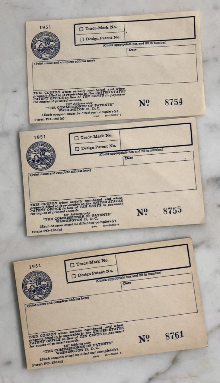 Rare 1951 US Patent Office 26 Sequential Coupons for Copies w/ Envelope Ephemera