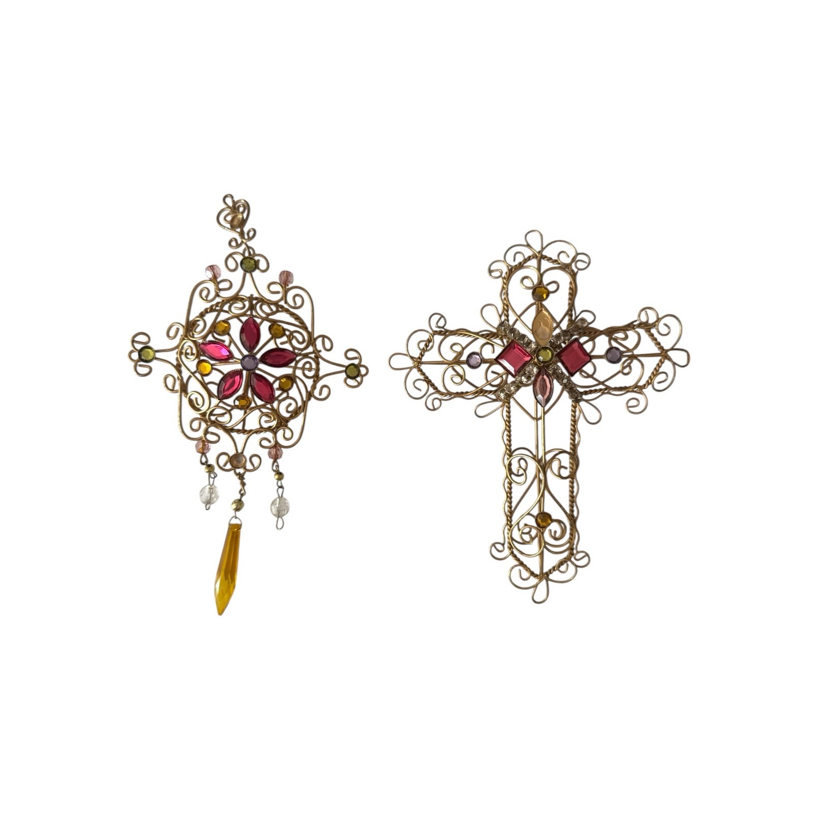 2 Embellished Filigree Gold Wire Cross & Diamond Shape Christmas Ornament READ