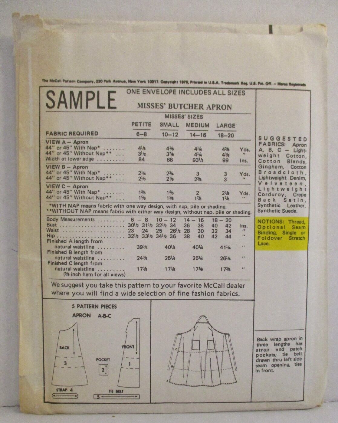 McCall’s Sample Sewing Pattern Misses Butcher Apron Size 6-20 (P-S-M-L) Uncut