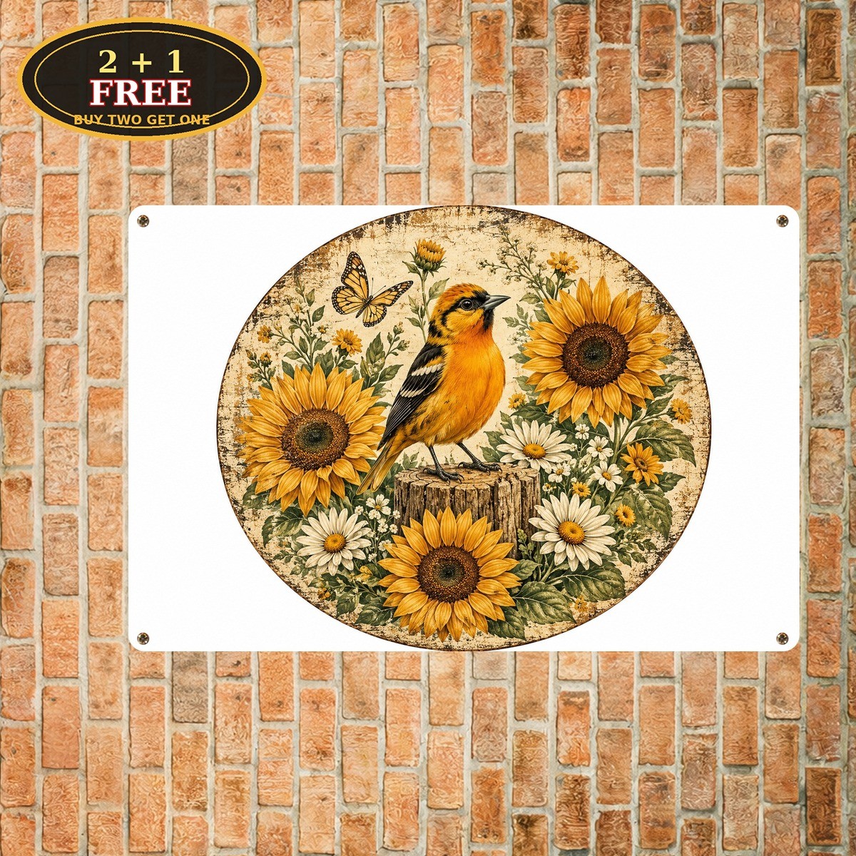 Sunflower Bird Bohemian Window Style Metal Sign Retro Nature Wall Decor Art
