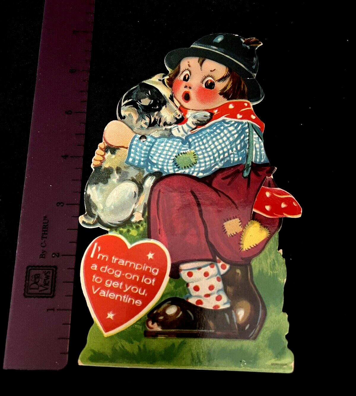Antique Valentine Card German Mechanical Tramp with Dog – 7″ Two Movements