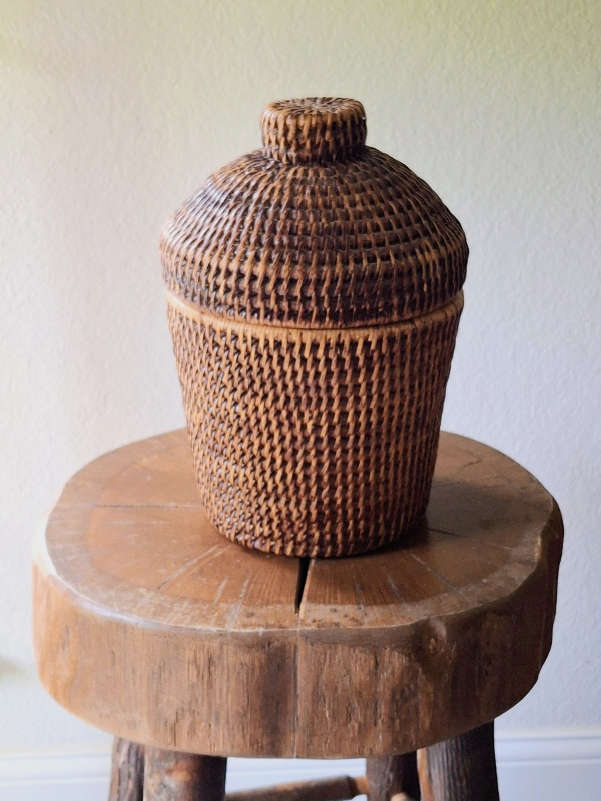 Vintage Handwoven Rattan Lidded Storage Basket Southeast Asian Wicker Canister