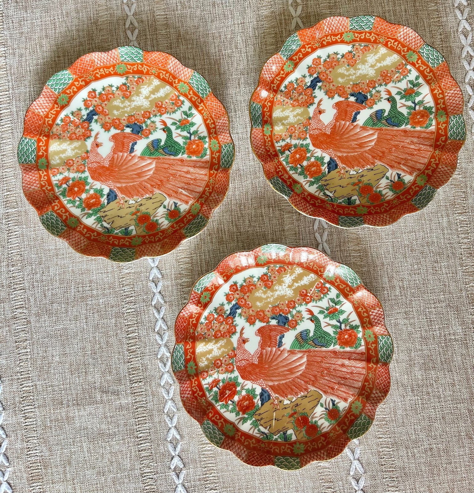 Vtg Arita Imari Red Peacock Set of 3 Porcelain Salad Plates Scalloped Edges 7″