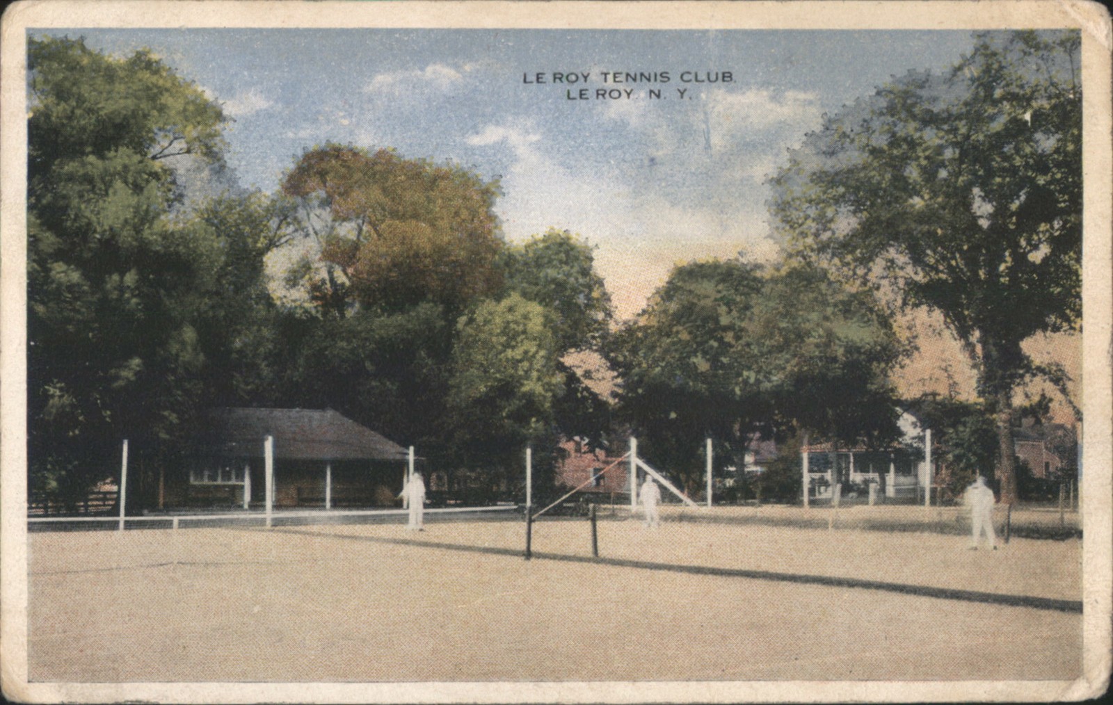 Le Roy, NY New York Roy Tennis Club, Court with Players & Clubhouse Vintage