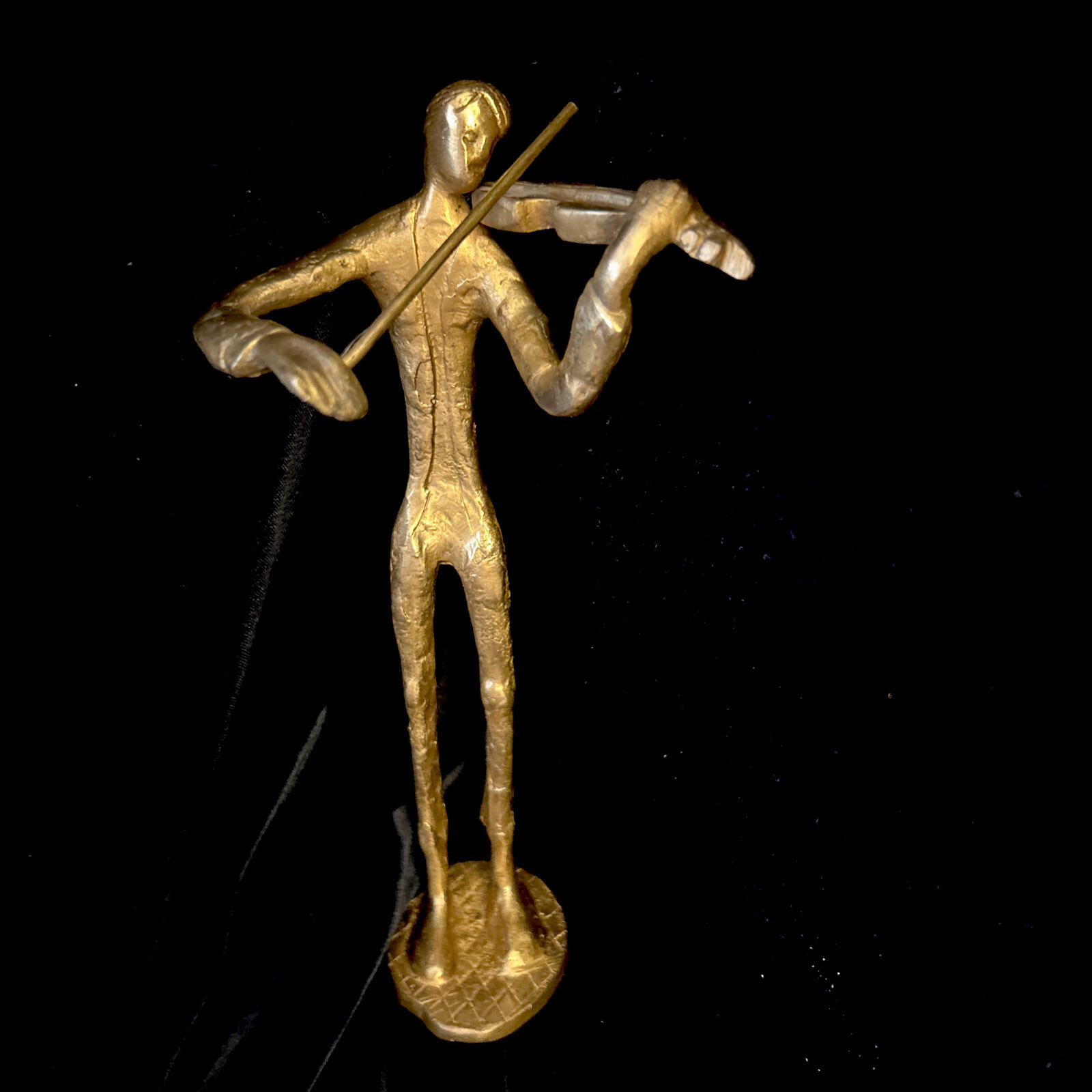 Brutalist Brass Sculpture Tall Man Playing The Violin Medal Modernist MCM Decor