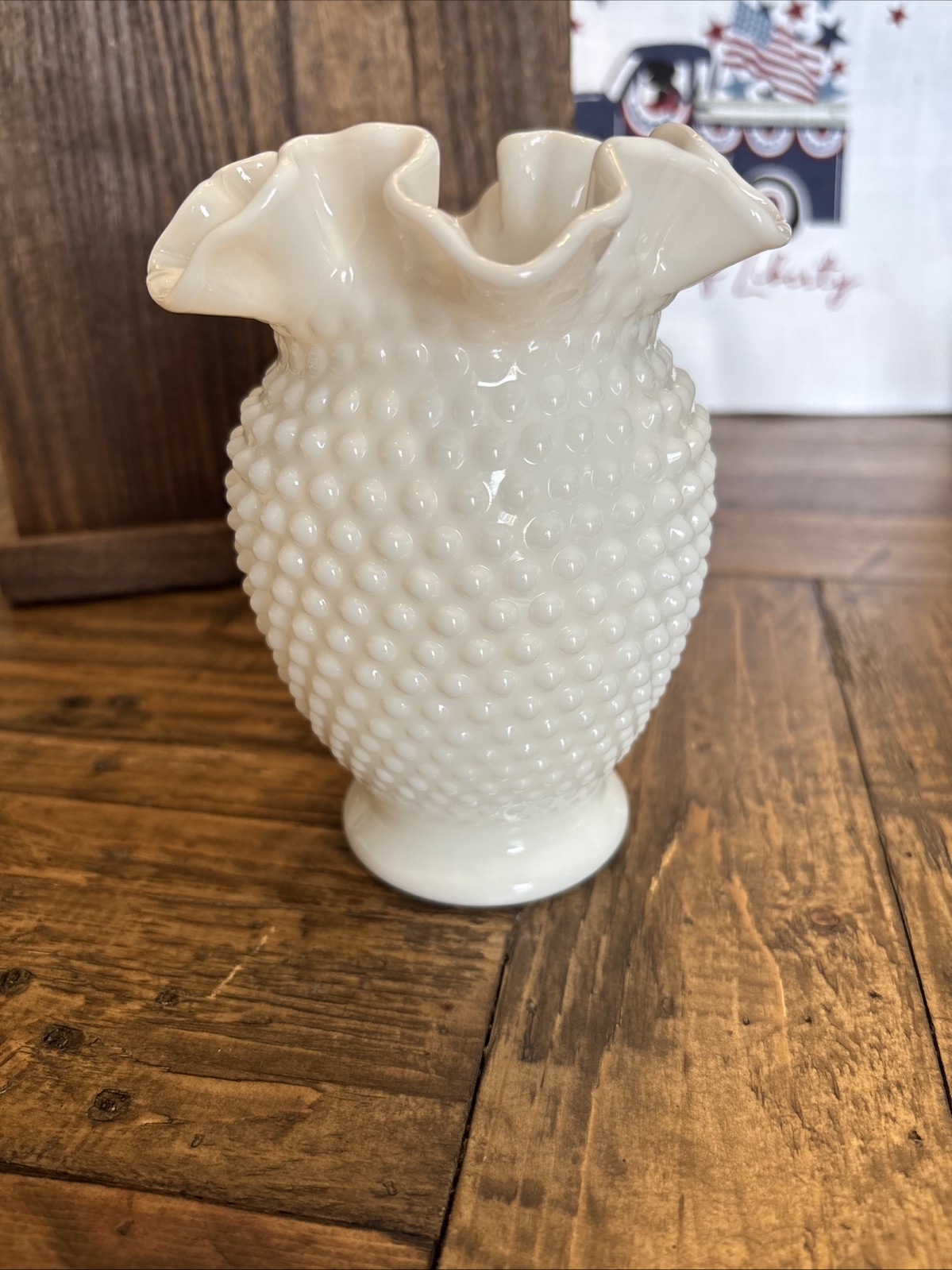 Hobnail White Milk Glass Fenton Double Crimped Vase 6″