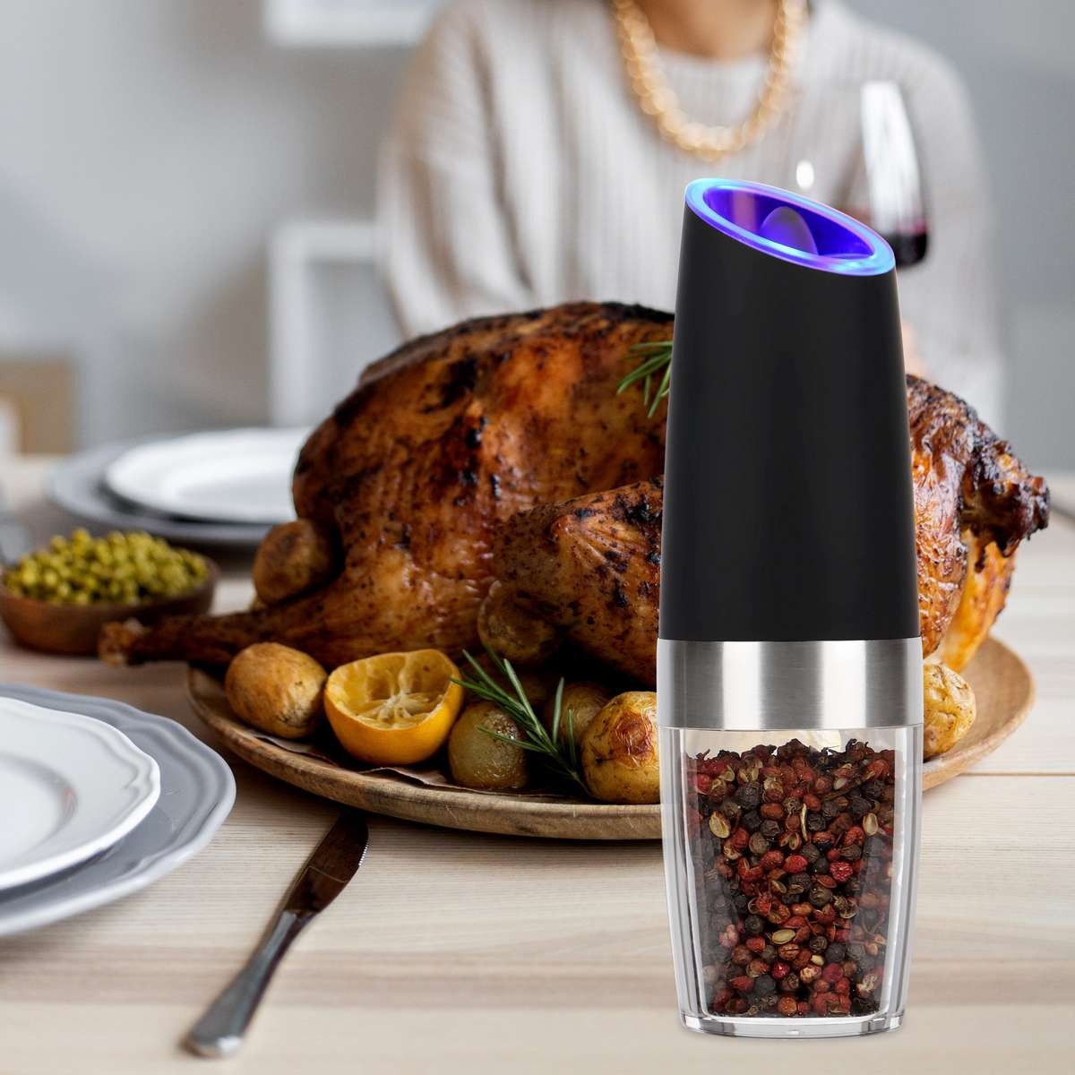 Automatic Gravity Electric Salt Pepper Grinder LED Adjustable Coarseness US