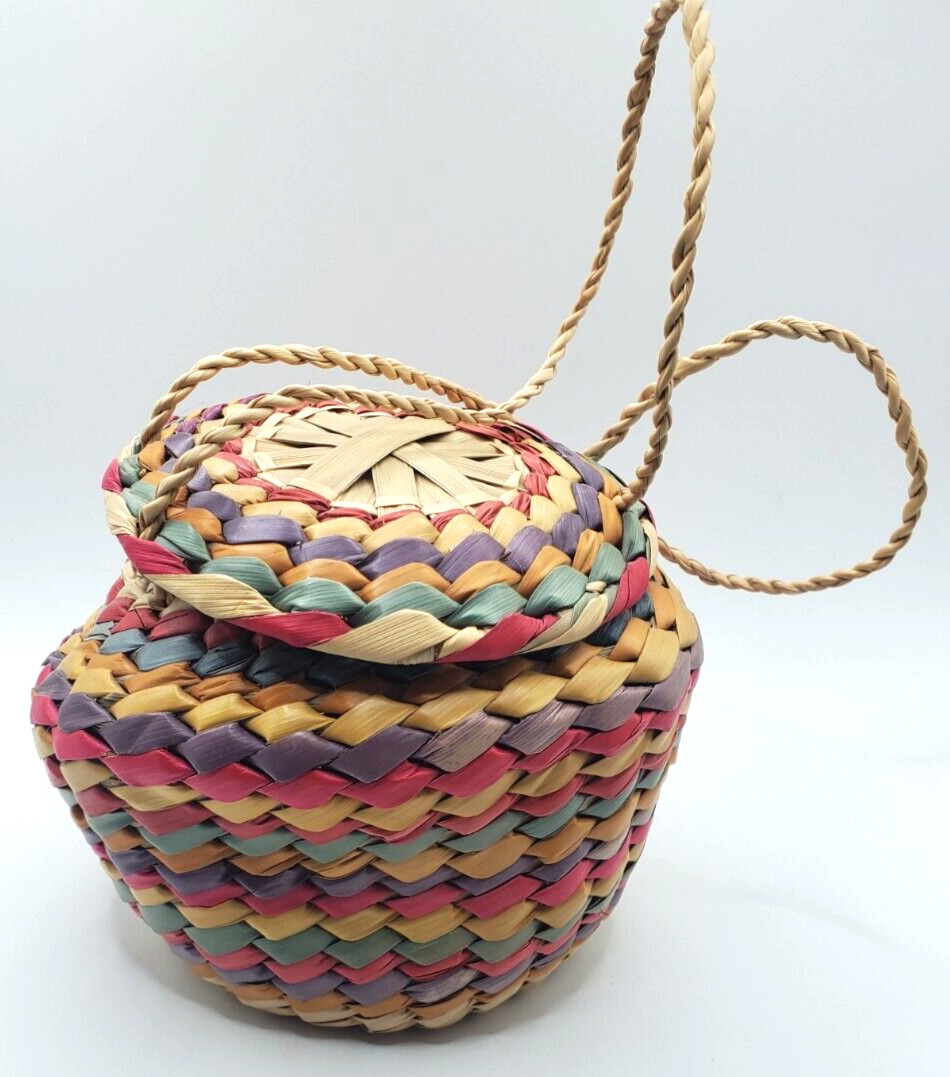 Colorful Handwoven Drawstring Basket Purse Small Basket with Lid Red Purple Blue