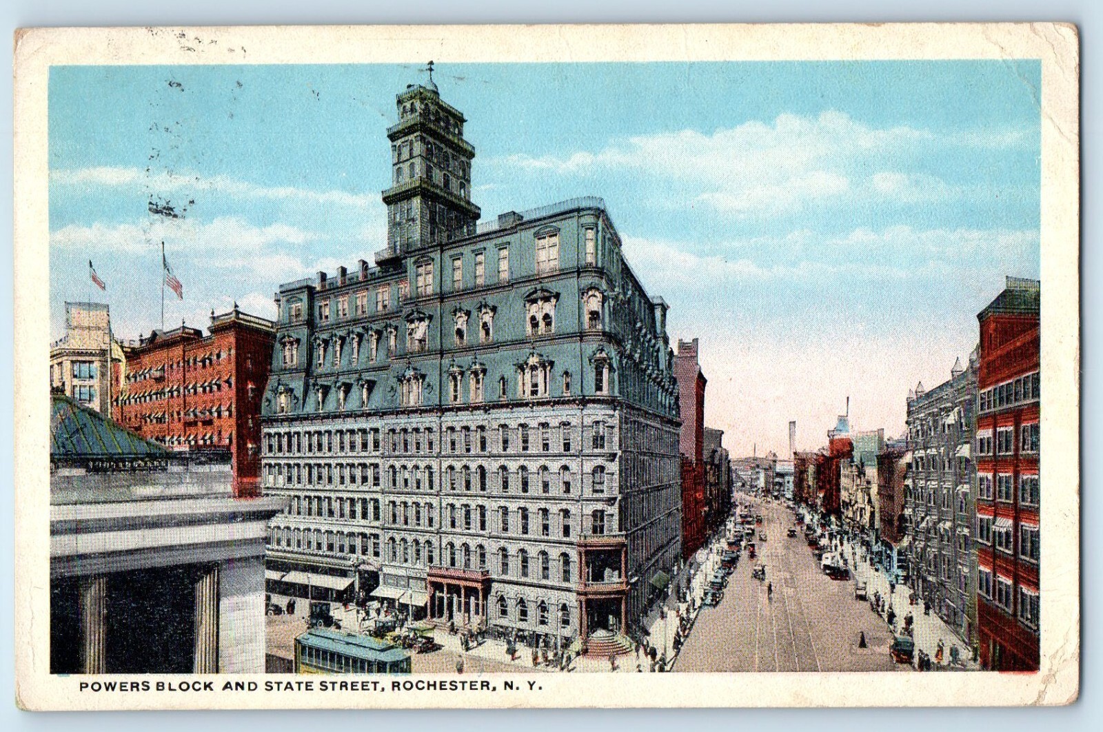 1917 Rochester New York NY Postcard Powers Block State Street Trolley Building